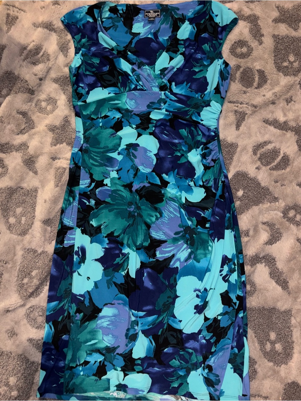American Living Teal and Navy Floral Cap-Sleeve Sheath Dress